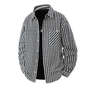 Men's long sleeve black and white herringbone denim shirt with front pocket and classic collar