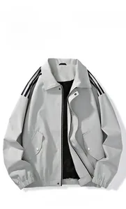 Detail of light grey casual men's jacket showing collar, zipper, and striped shoulders