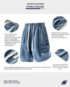 Détail du short cargo en jean pour garçon avec taille élastique à cordon et grandes poches