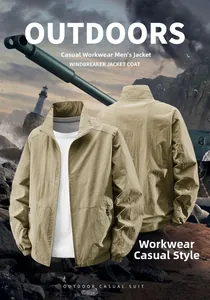 Detail of khaki outdoor jacket showing stand collar, zipper pockets, and durable fabric