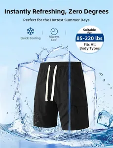 Detail of black cargo shorts with cooling fabric, elastic waist, and drawstring design