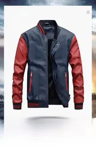 Detail of navy PU leather jacket with red striped ribbed cuffs and fleece lining