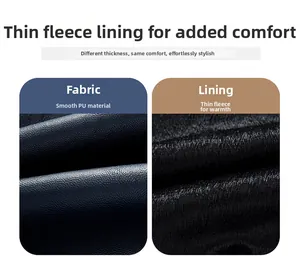 Detailed view of black PU leather texture and soft thin fleece lining of the jacket