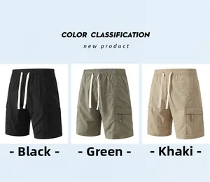 Three colors of men cargo shorts with elastic waist and large side pockets