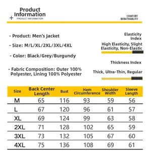 Size chart for men's casual jacket showing detailed measurements for M to 4XL sizes