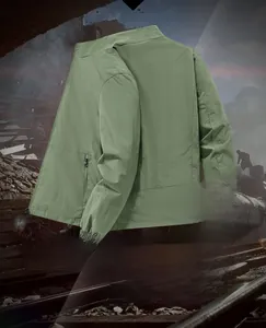 Detail of fruit green stand collar jacket with elastic ribbed cuffs and zipper pocket