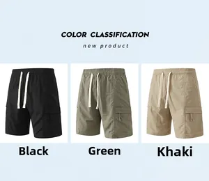 Three colors of nylon cargo shorts in black, army green and khaki with elastic drawstring waist
