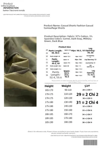 Size chart for camouflage cargo shorts with fabric details and measurements 28-38