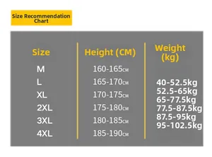 Men's casual jacket size chart showing height and weight recommendations from M to 4XL
