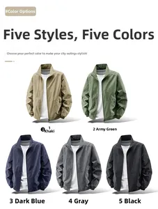 Multi-color selection of lightweight stand collar jackets in khaki, blue, and black