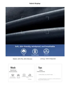 Detailed fabric composition of navy blue PU leather jacket with care instructions