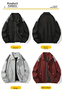 Detailed views of men's casual jackets in black, gray, and burgundy with ribbed cuffs