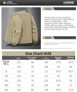 Detailed size chart for men's waterproof stand collar jacket from M to 5XL