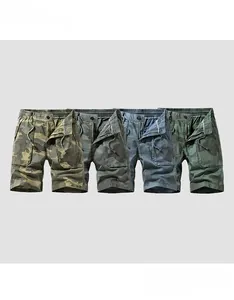 Detailed display of four camouflage cargo shorts in green, grey, and blue camo patterns