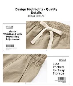 Detail of khaki cargo shorts showing elastic waistband with drawstring and side pocket