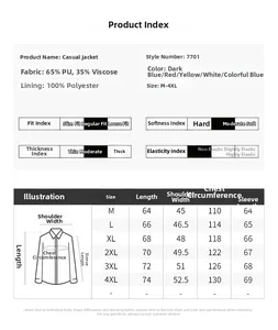 Detailed size chart for men PU leather jacket with fabric specs and measurements in cm