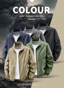 Detail view of water-resistant stand collar jackets in five colors for men's outdoor wear