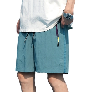 Men's blue leisure shorts with elastic drawstring waist and purple zipper pocket