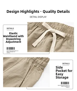 Detail of khaki cargo shorts showing the elastic drawstring waist and side pocket design