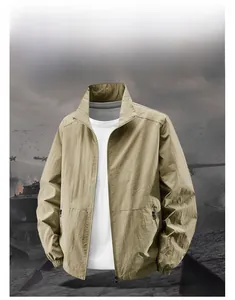 Detailed macro view of khaki tactical jacket with stand collar and ripstop texture