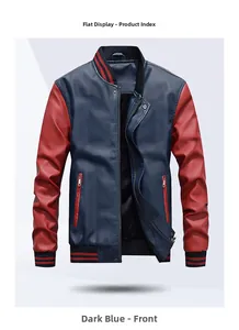 Detail view of men's color-block PU leather jacket with ribbed cuffs and fleece lining