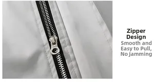 Macro shot of smooth silver metal zipper on light grey jacket with fine texture