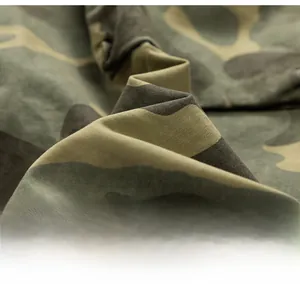 Detailed macro view of camo cargo shorts showing olive twill fabric texture and stitching