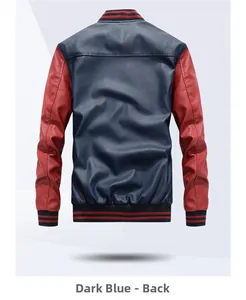 Back view of a men's faux leather varsity jacket in navy blue and red patchwork style