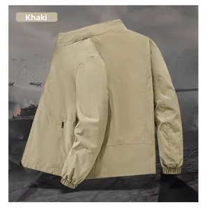 Detailed back view of khaki lightweight stand-collar jacket with elastic cuffs and pocket