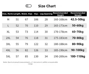 Size chart for men cargo shorts with measurements for M to 5XL in centimeters and kilograms