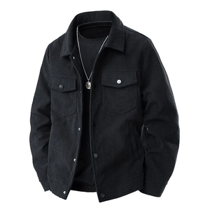 Men's black corduroy jacket with utility pockets and turn-down collar on white background
