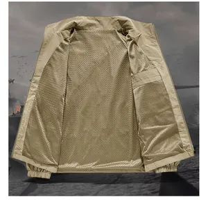Detail of breathable large-hole mesh lining and secure inner pocket on khaki jacket