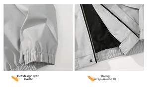 Detail view of elastic cuffs and reinforced hem on a light gray tech fabric jacket