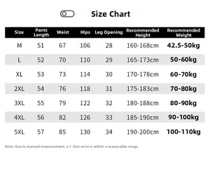 Men's nylon cargo shorts size chart with detailed measurements from size M to 5XL