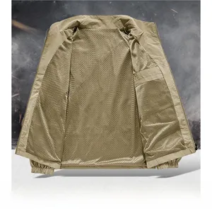 Detail of khaki men's jacket with breathable beige mesh lining and hidden inner pocket