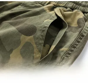 Detailed close-up of side pocket and camo pattern on mens cargo shorts fabric