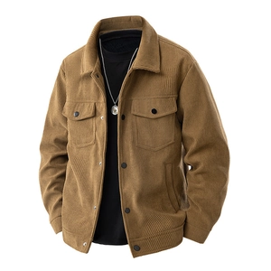 Men's light brown corduroy jacket with classic lapel and chest pockets on white background