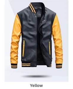Detail of yellow and black PU leather bomber jacket with striped ribbed cuffs