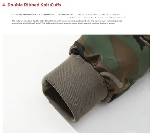 Close-up of windproof double-ribbed knit cuffs on camo pilot jacket with durable stitching