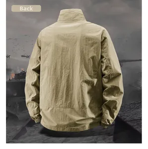 Tactical khaki men jacket with stand collar and durable texture seen from the back view