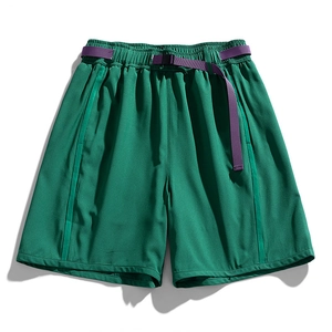 Dark green lightweight summer cargo shorts with a contrast purple adjustable belt and zip pockets