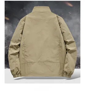 Back view of a khaki lightweight casual jacket with a stand-up collar for men