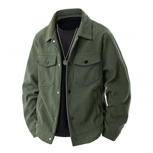 Olive green corduroy jacket for men with lapel collar and metal button pockets