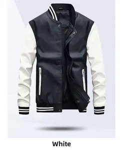 Detail of men's leather jacket showing contrast sleeves and warm fleece lining