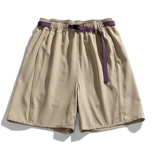 Men's khaki outdoor cargo shorts with a contrasting purple adjustable belt and quick-dry fabric