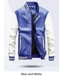 Detail of royal blue PU leather bomber jacket with white sleeves and ribbed cuffs