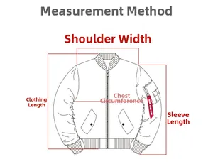 Size guide diagram for bomber jacket showing measurements for chest and sleeves