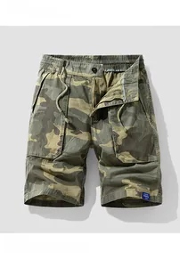 Detail of camel camouflage cargo shorts featuring elastic drawstring waist and side pockets