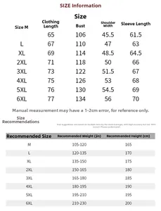 Size chart for MA1 flight jacket showing detailed measurements for sizes M to 6XL in cm
