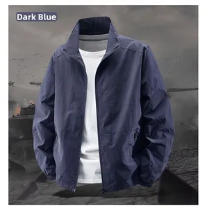 Detailed view of navy blue windbreaker with stand collar and elastic cuffs on a mannequin